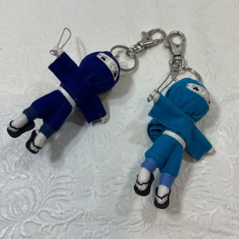 TWO Ninja String Doll Keychain Toys w/Swords Royal Blue/Blue 2.5" x 3" NEW